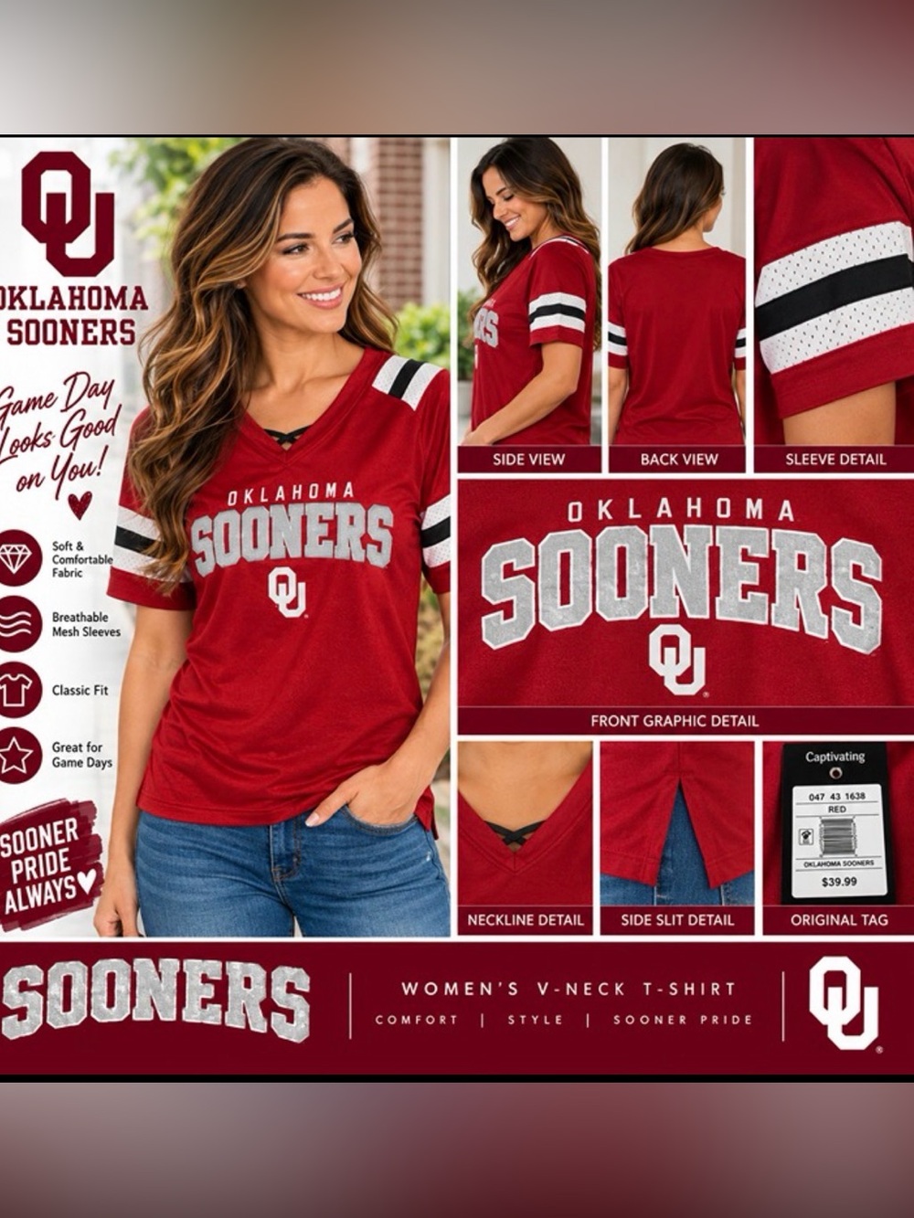 Oklahoma Sooners Women’s Red V-Neck Football Jersey Shirt OU NCAA NWT Medium